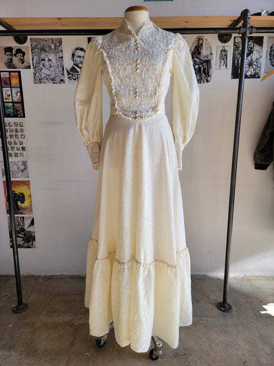 Vintage 70s Cream Cotton and Lace Victorian Dress