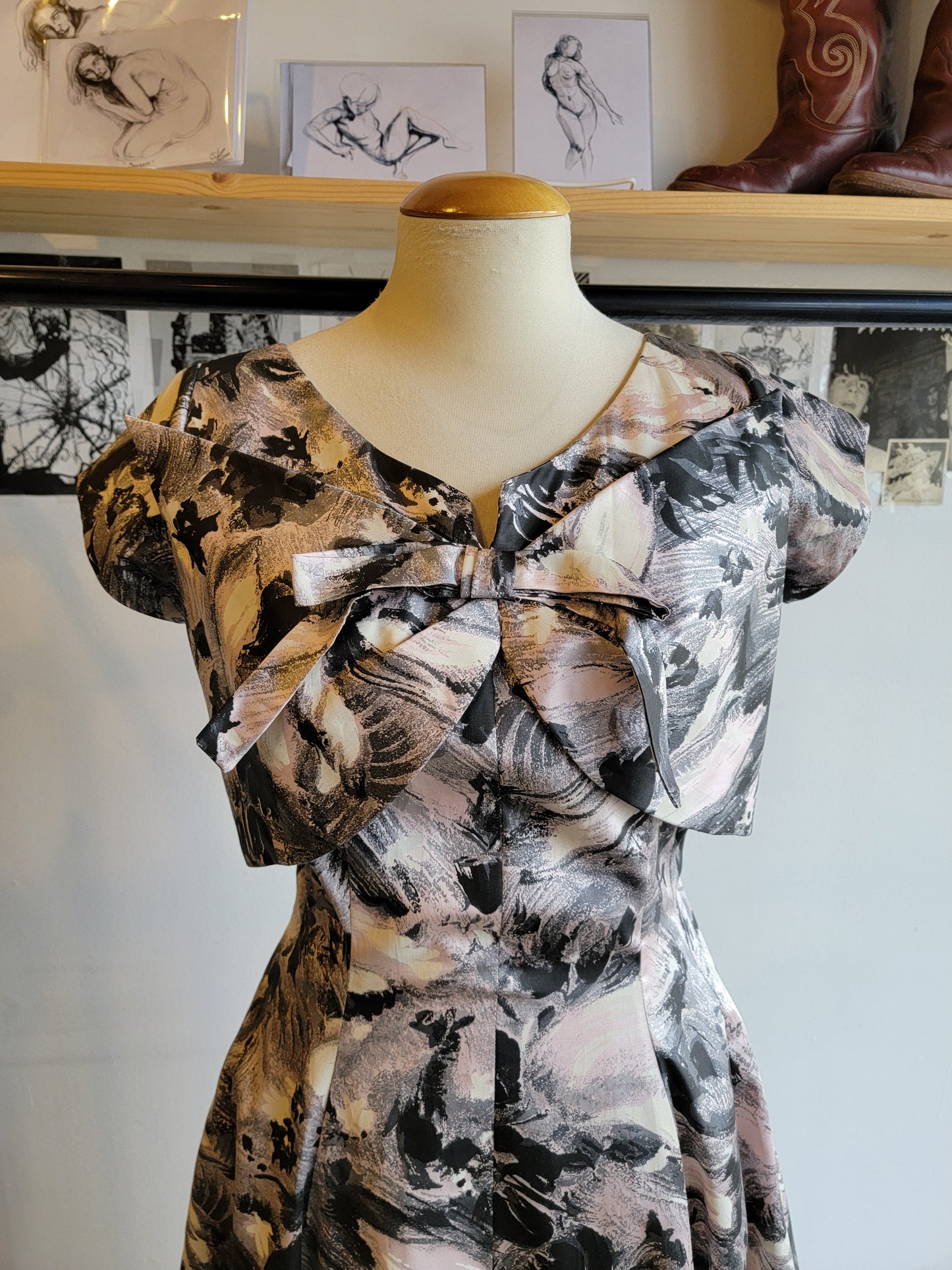 1950s Printed Satin Party Dress - Small