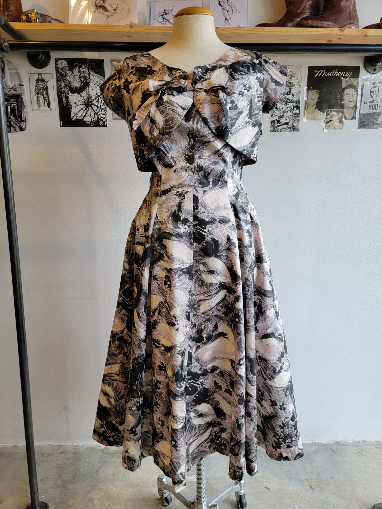 1950s Printed Satin Party Dress - Small