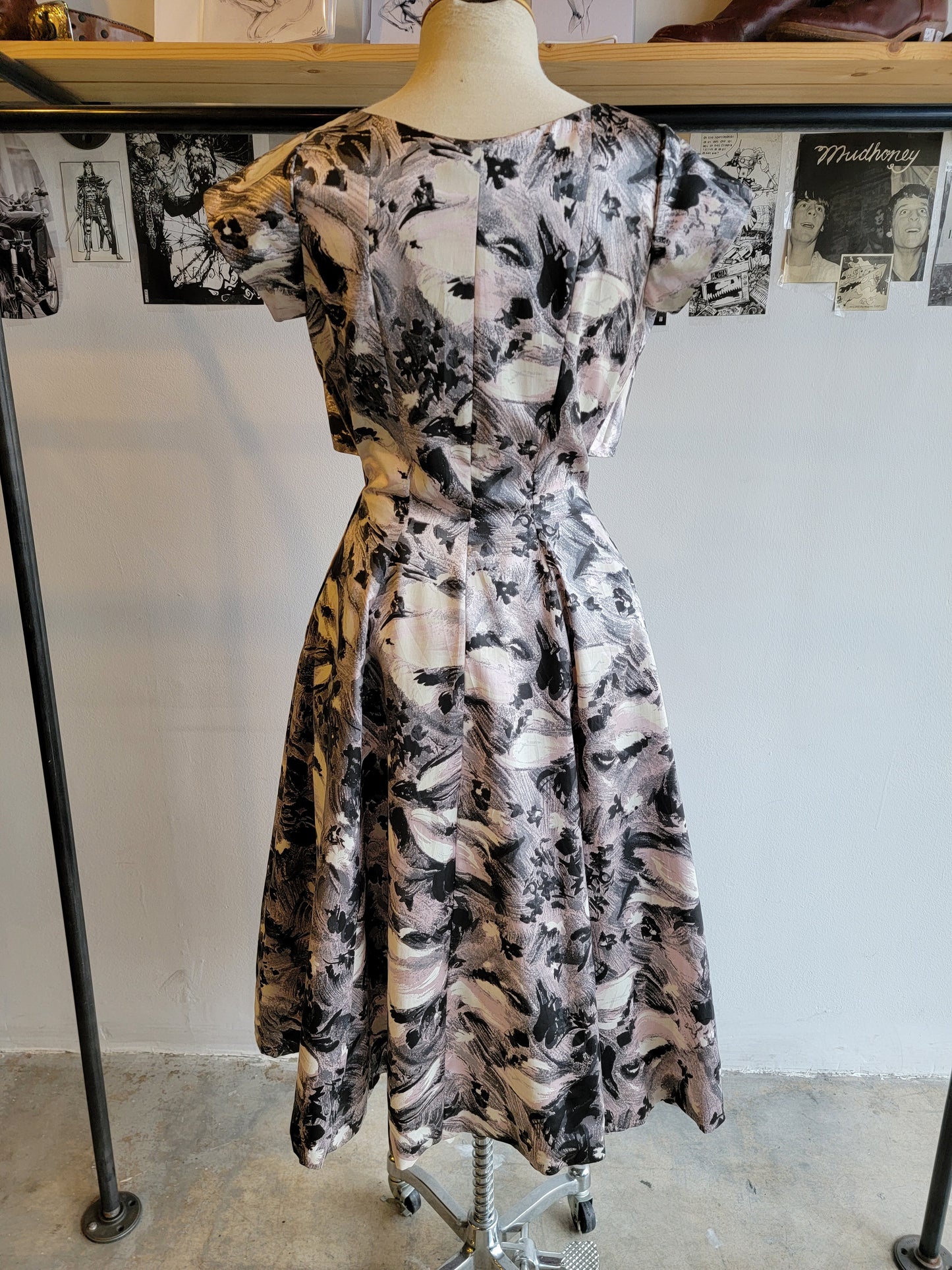 1950s Printed Satin Party Dress - Small