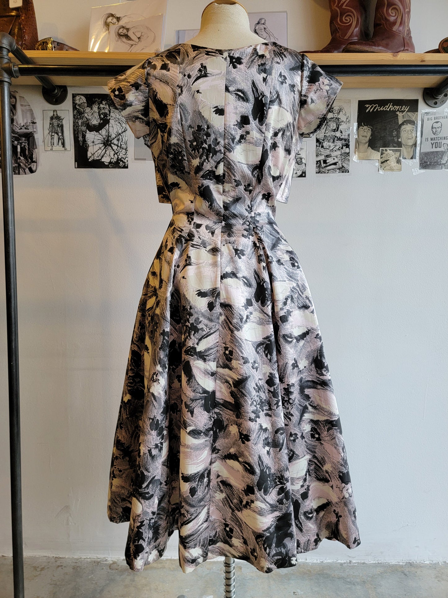 1950s Printed Satin Party Dress - Small