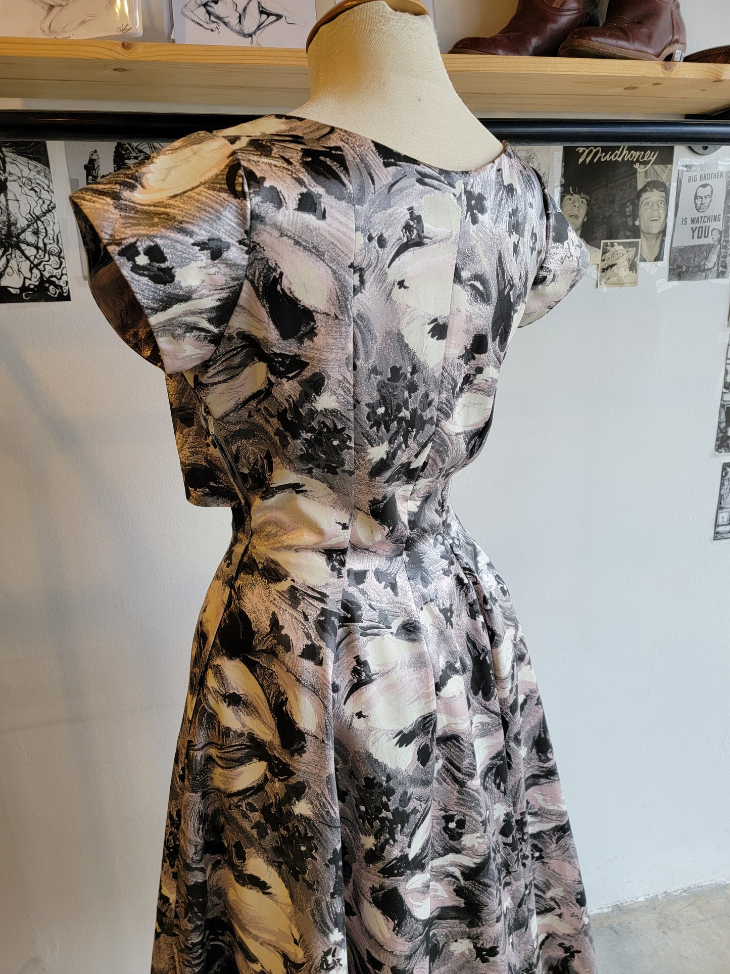 1950s Printed Satin Party Dress - Small