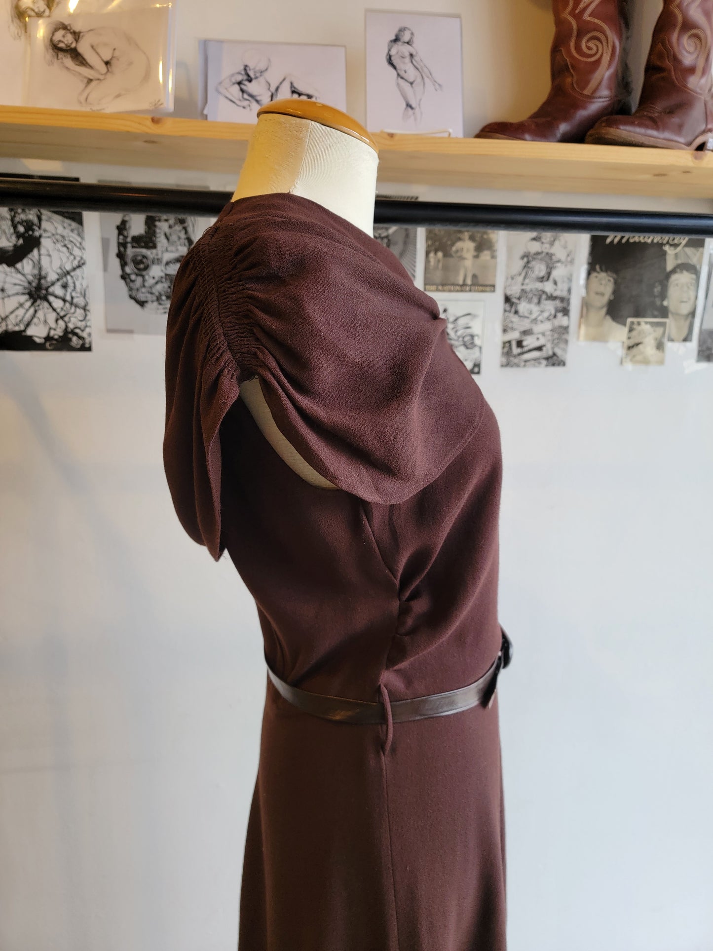 1940s Brown Rayon Crepe Dress - Medium