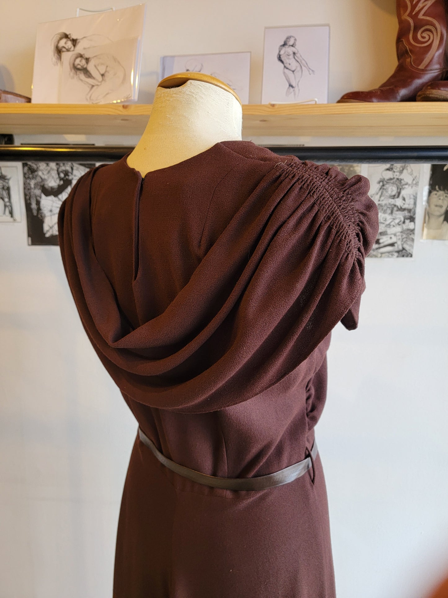 1940s Brown Rayon Crepe Dress - Medium