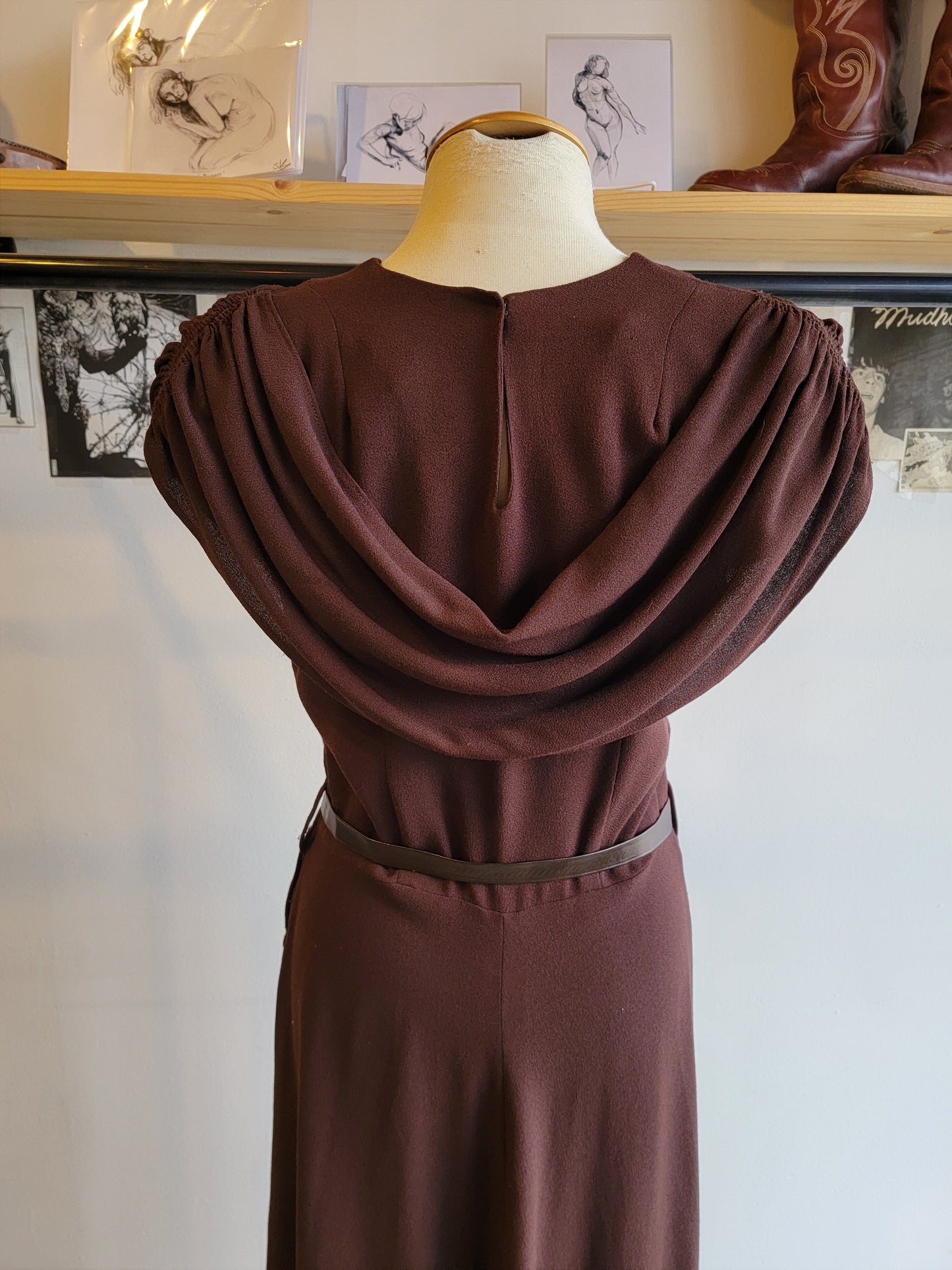 1940s Brown Rayon Crepe Dress - Medium