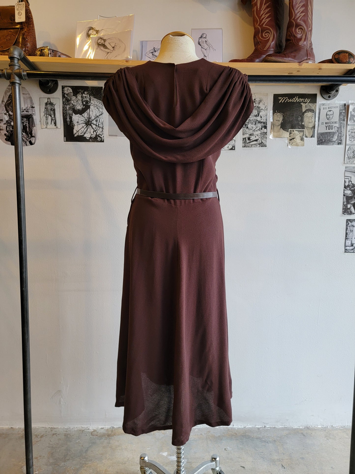 1940s Brown Rayon Crepe Dress - Medium